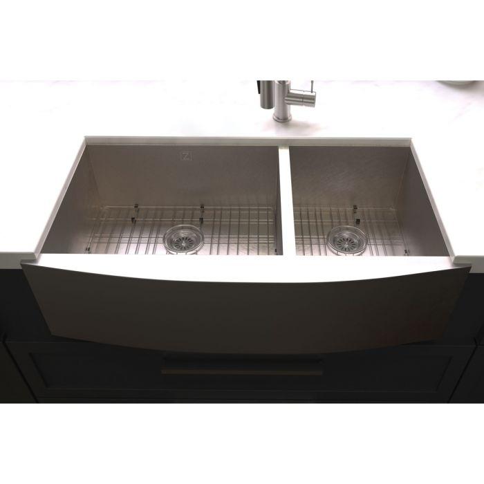 Stainless steel double-bowl apron kitchen sink installed with grid racks