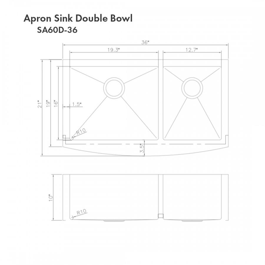 Line drawing of double-bowl apron sink dimensions labeled SA60D-36 and layout.