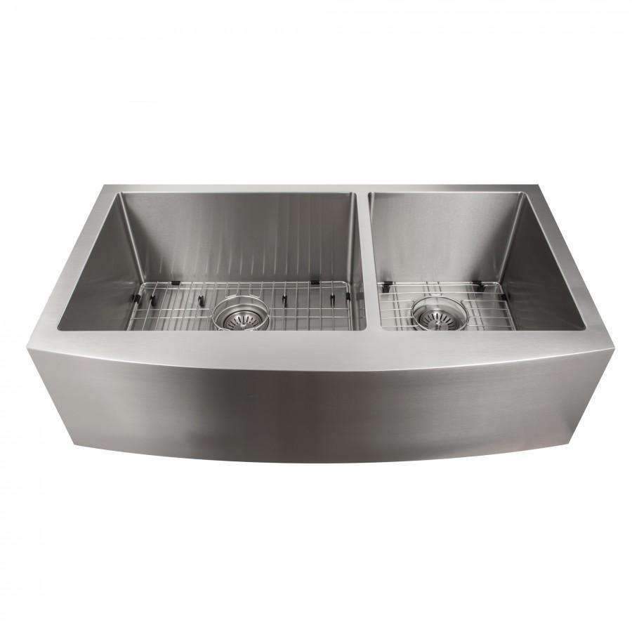 Stainless steel double-bowl kitchen sink with bottom grid and two drain strainers