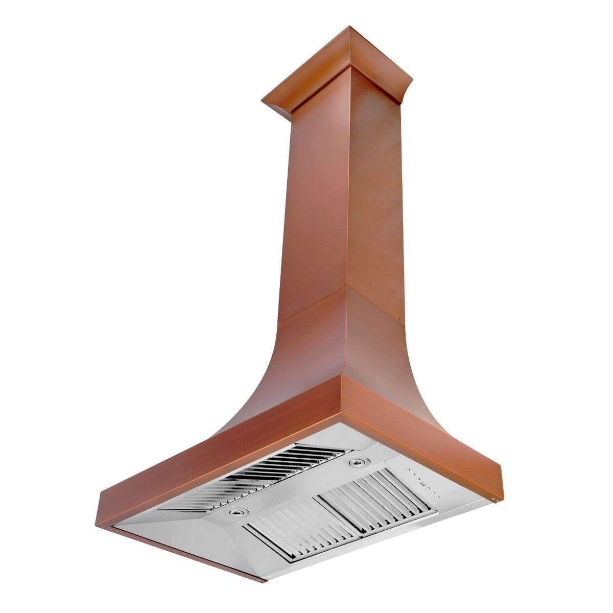 Copper wall range hood chimney with vented metal filter panel