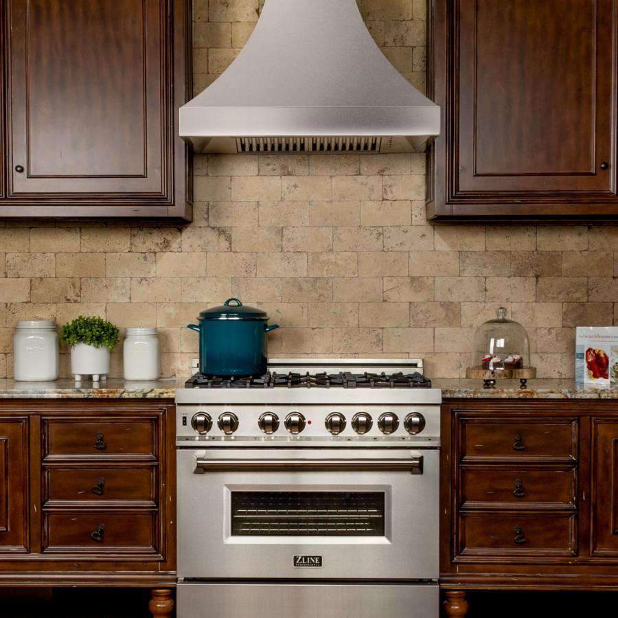 Vented satin stainless steel wall range hood with curved chimney chimney