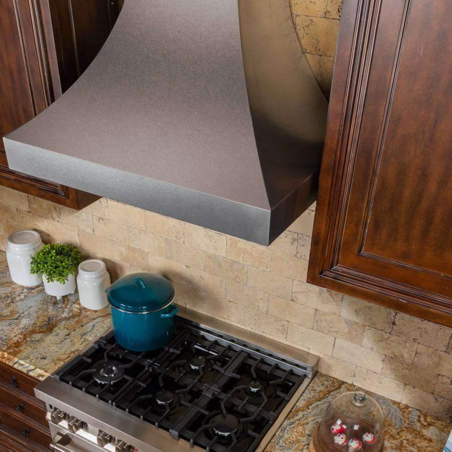 Satin stainless steel wall range hood chimney and angled canopy