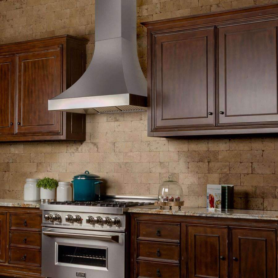 Satin stainless steel wall range hood with curved chimney and vented canopy