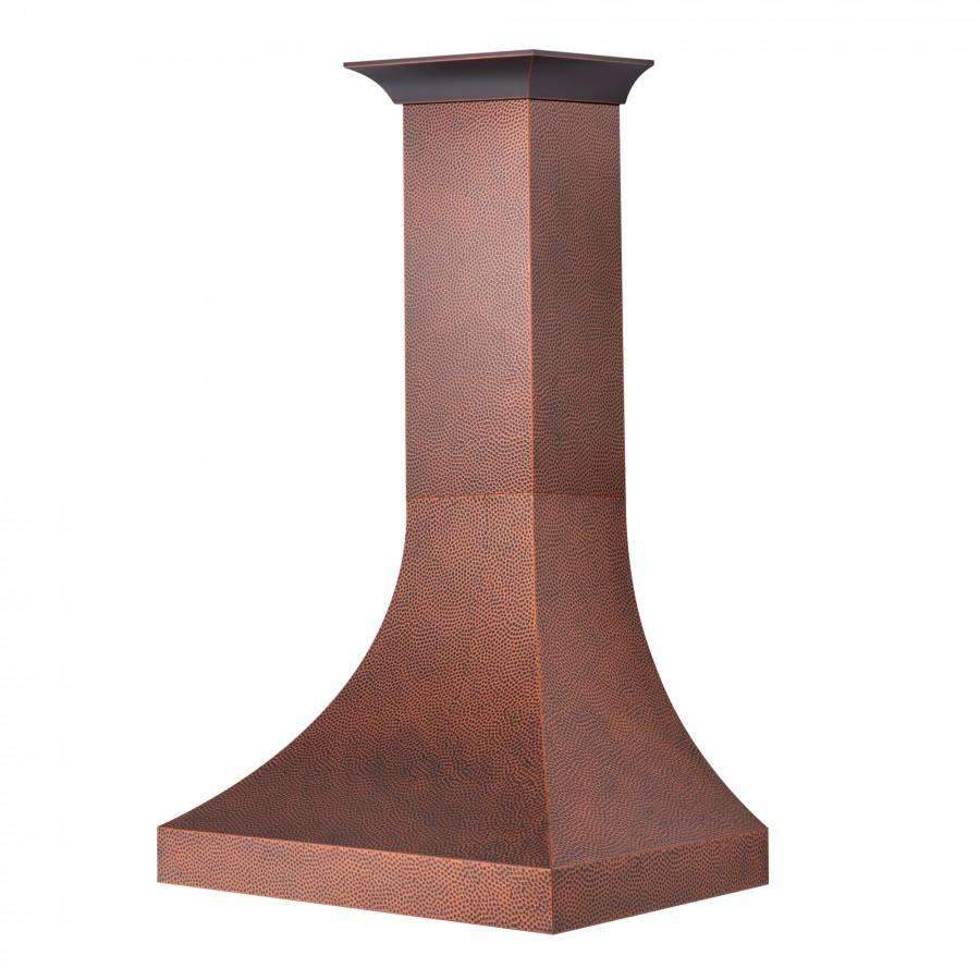 Hand-hammered copper wall range hood with flared chimney design and flat top opening