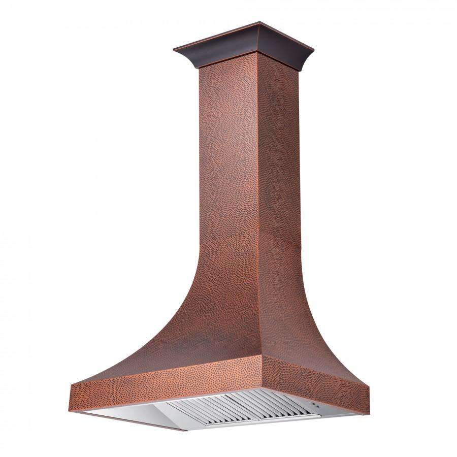 Hand-hammered copper chimney wall range hood with stainless vent grille