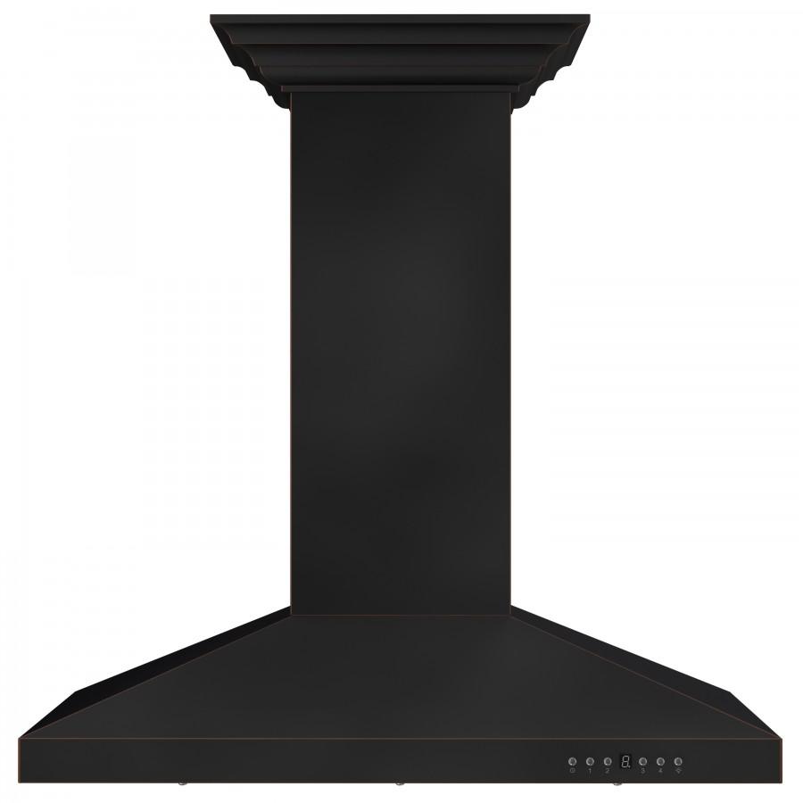 Black island range hood chimney with wide canopy and side control panel