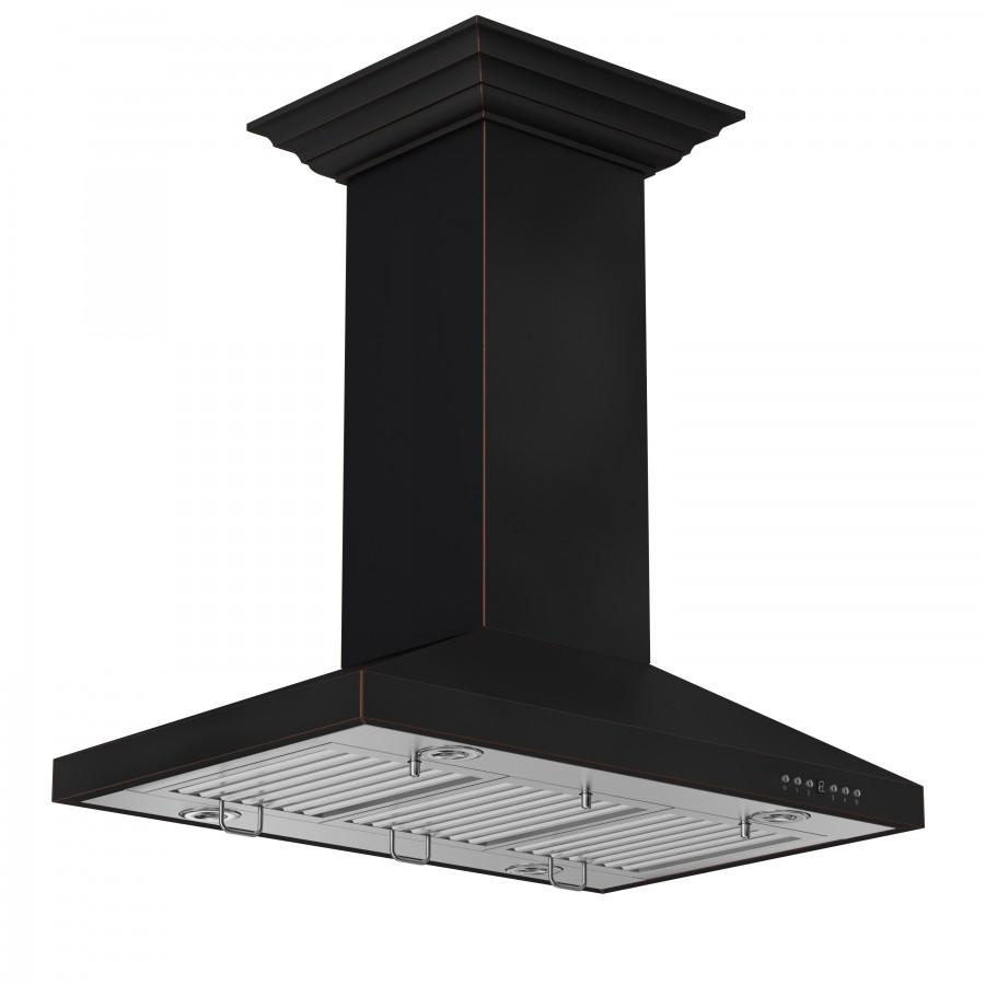 Black island range hood with square chimney and baffle-style underside