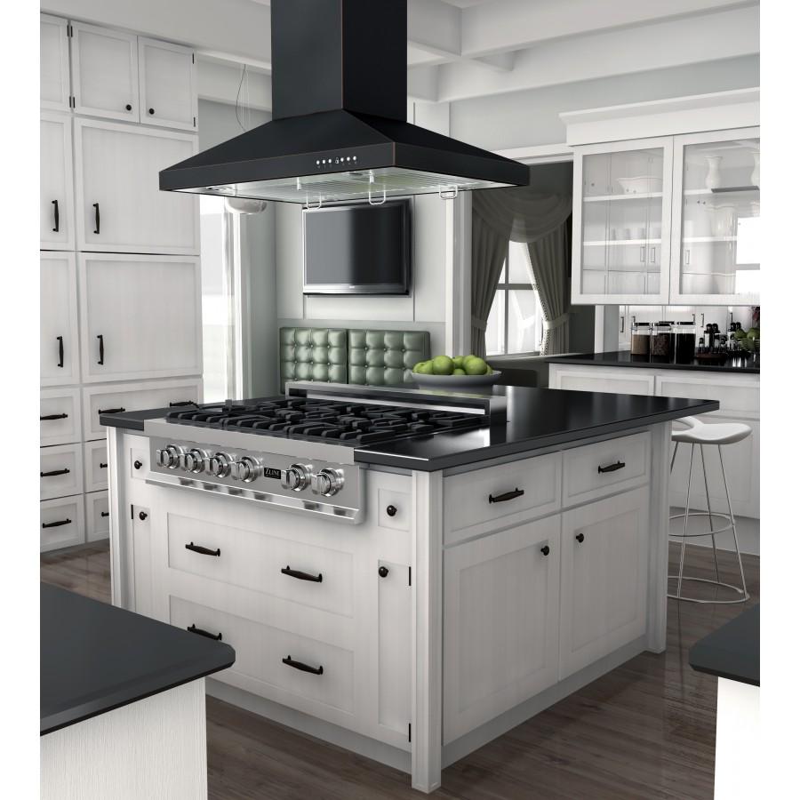 Island range hood with dark chimney and vent canopy above a cooktop