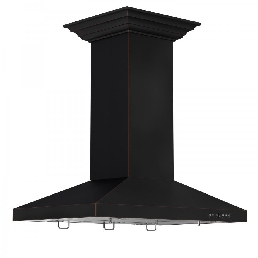Black island range hood with angled canopy and control buttons along front