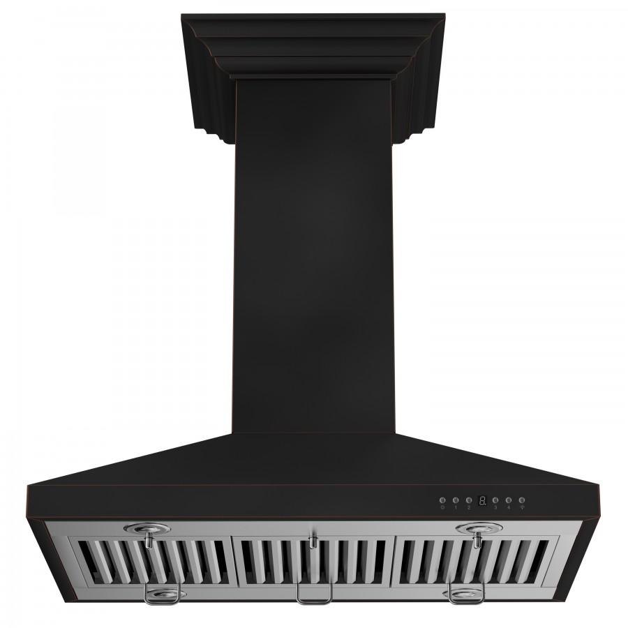 Black island range hood with stainless vent baffle panels and front control buttons