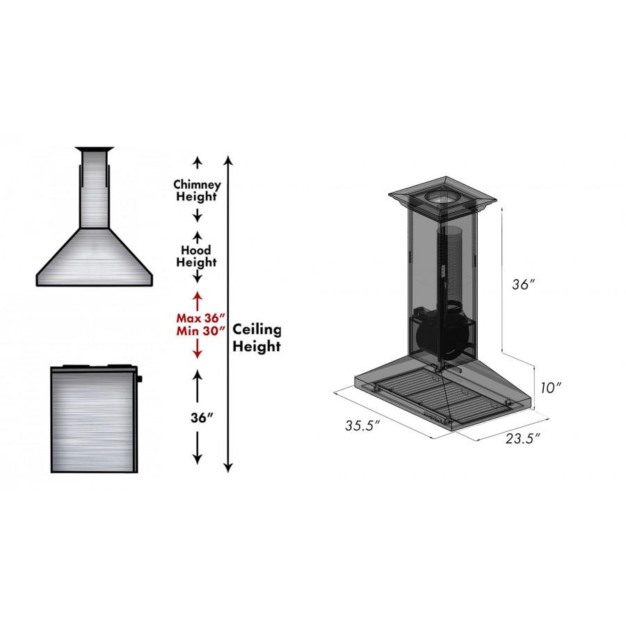 Island range hood diagram showing chimney height and hood clearance measurements