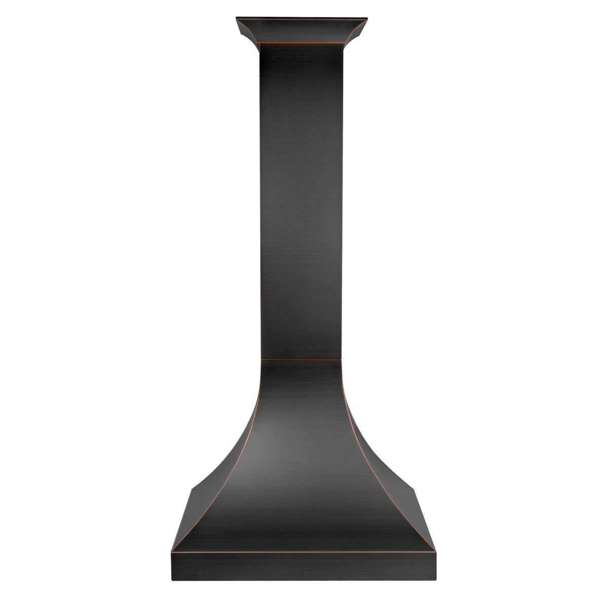 Wall chimney range hood with dark exterior, flared canopy, and thin bronze accents.