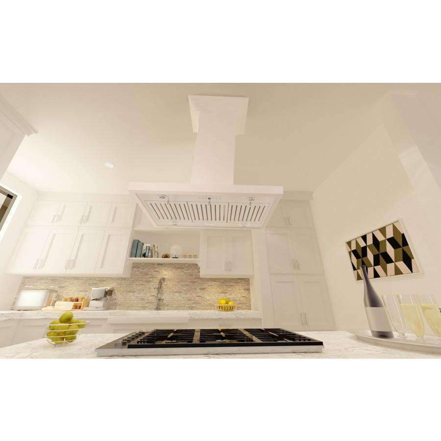 Island range hood over cooktop, stainless chimney with crown molding detail.