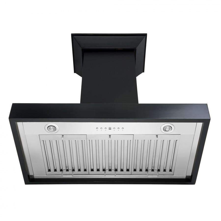 Stainless and black wall range hood front panel with control area and round lights