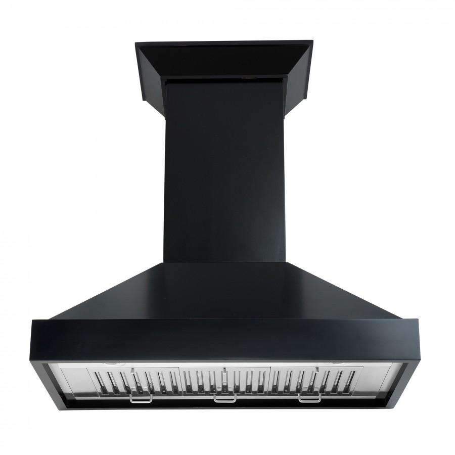 Black chimney wall range hood with stainless filter box and visible vent grilles
