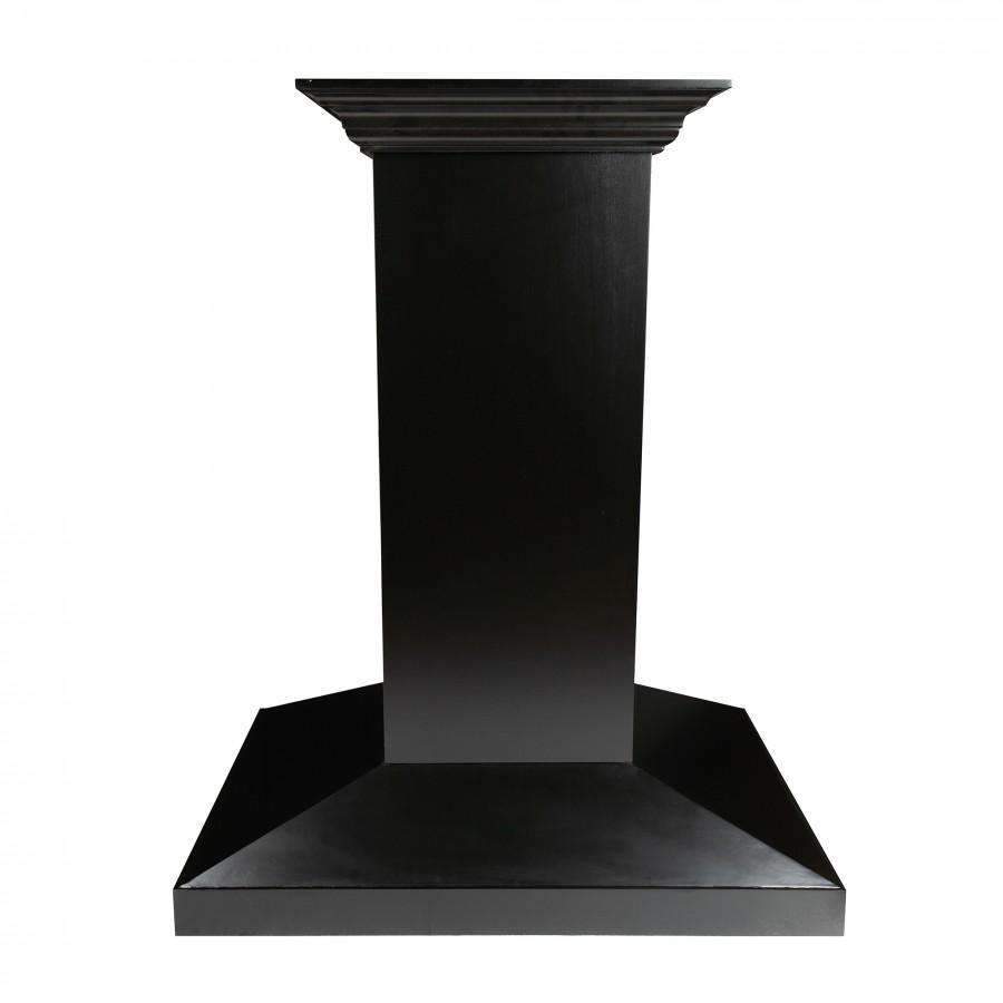 Black island range hood with flared base and crown molding chimney stack.