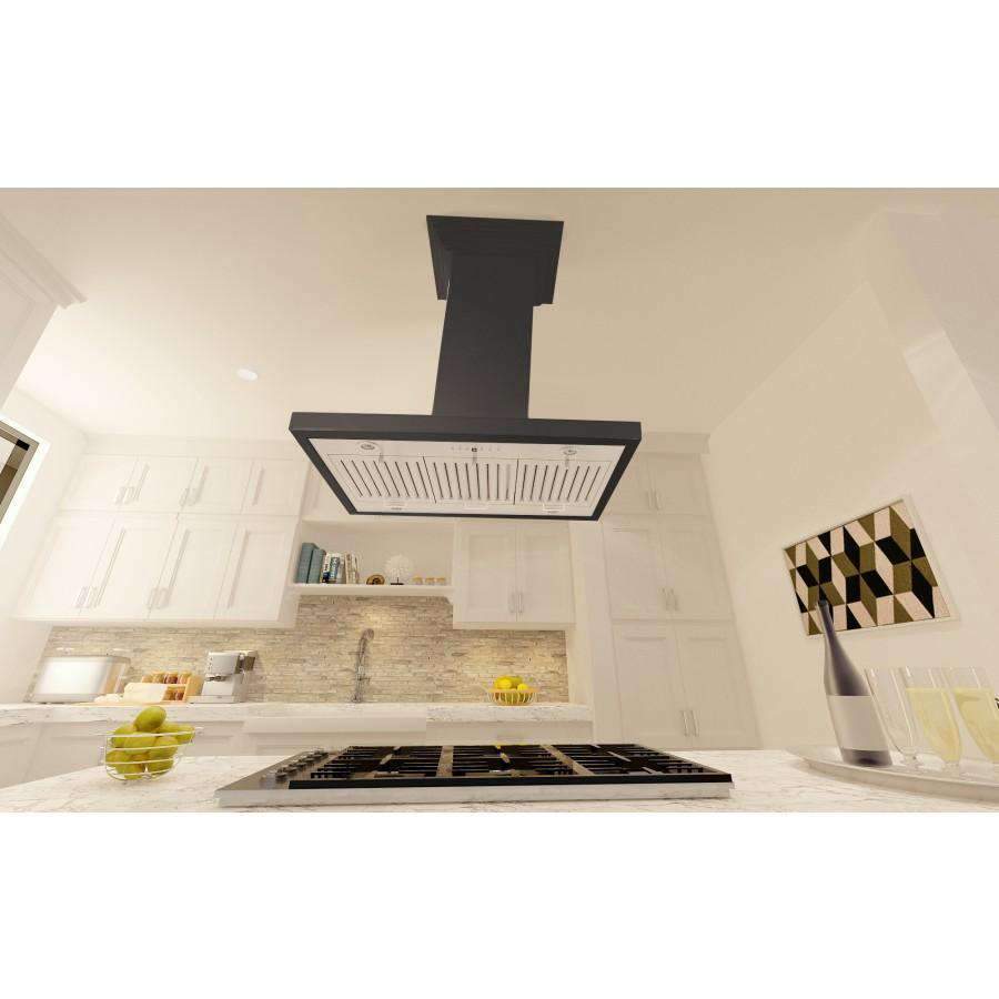 Black chimney island range hood with wide rectangular stainless vented canopy underside.