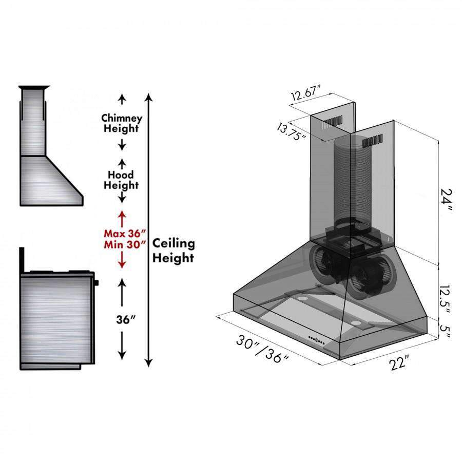 Wall-mounted range hood with chimney stack and vented hood canopy, shown with dimensions