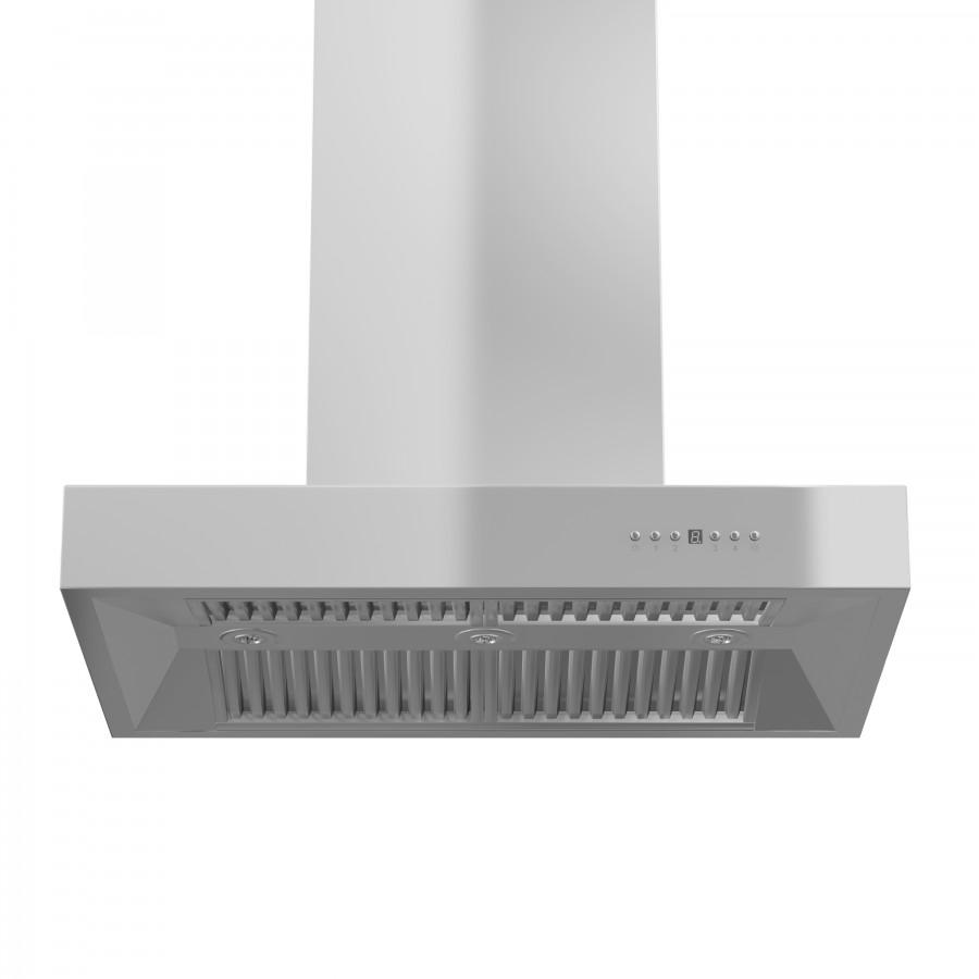 Stainless steel range hood underside with vent slats and control button cluster