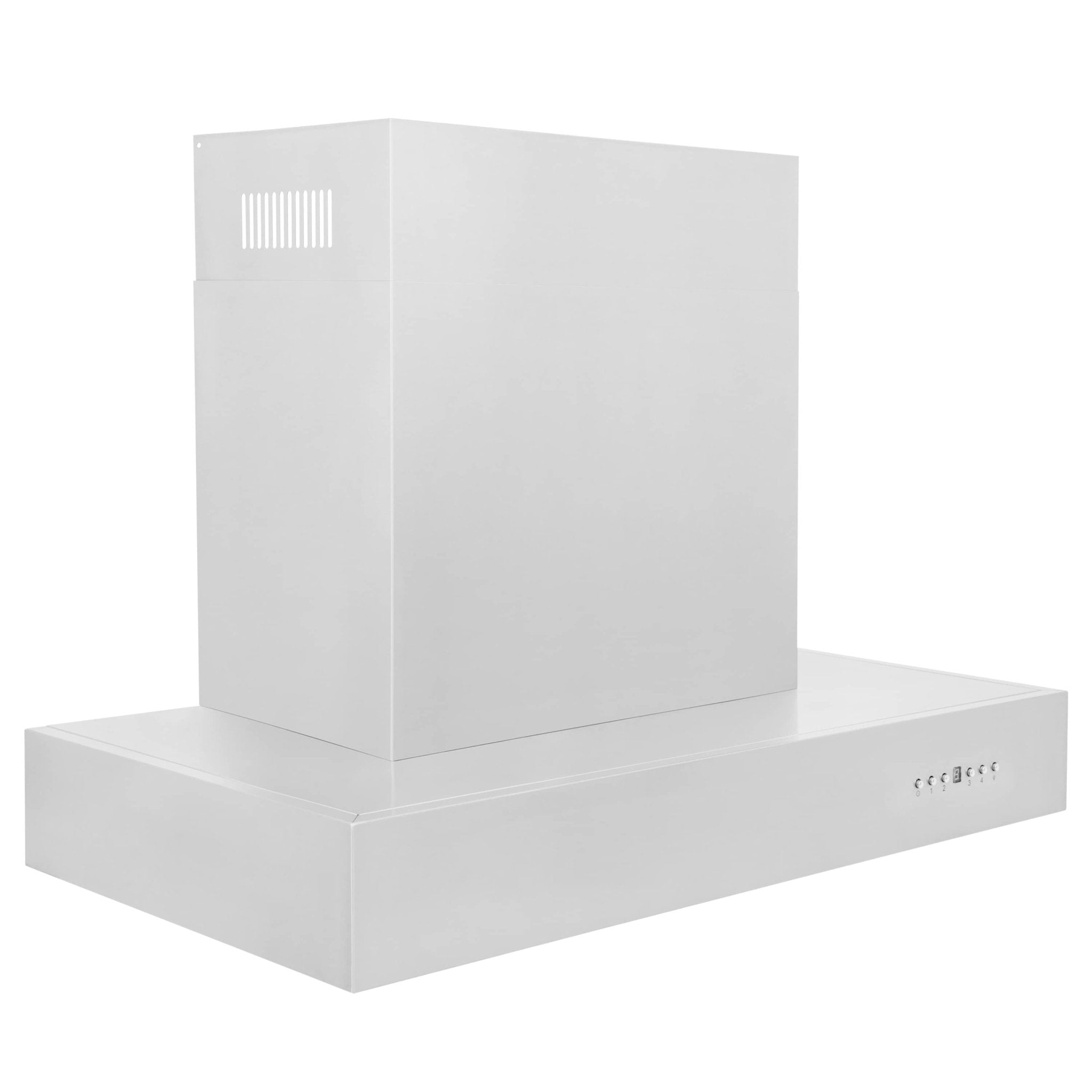 Stainless steel ducted wall mount range hood with tall chimney and vent opening