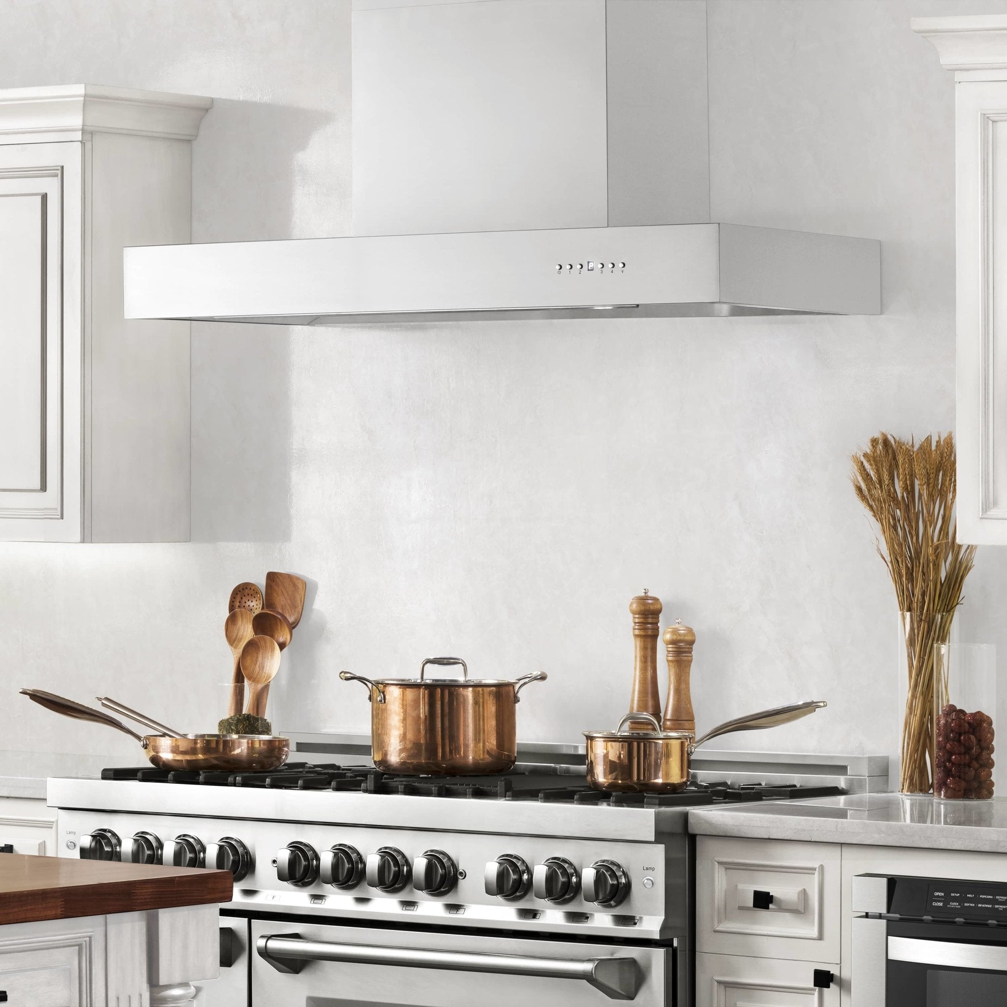 Stainless steel wall mount range hood above a cooktop