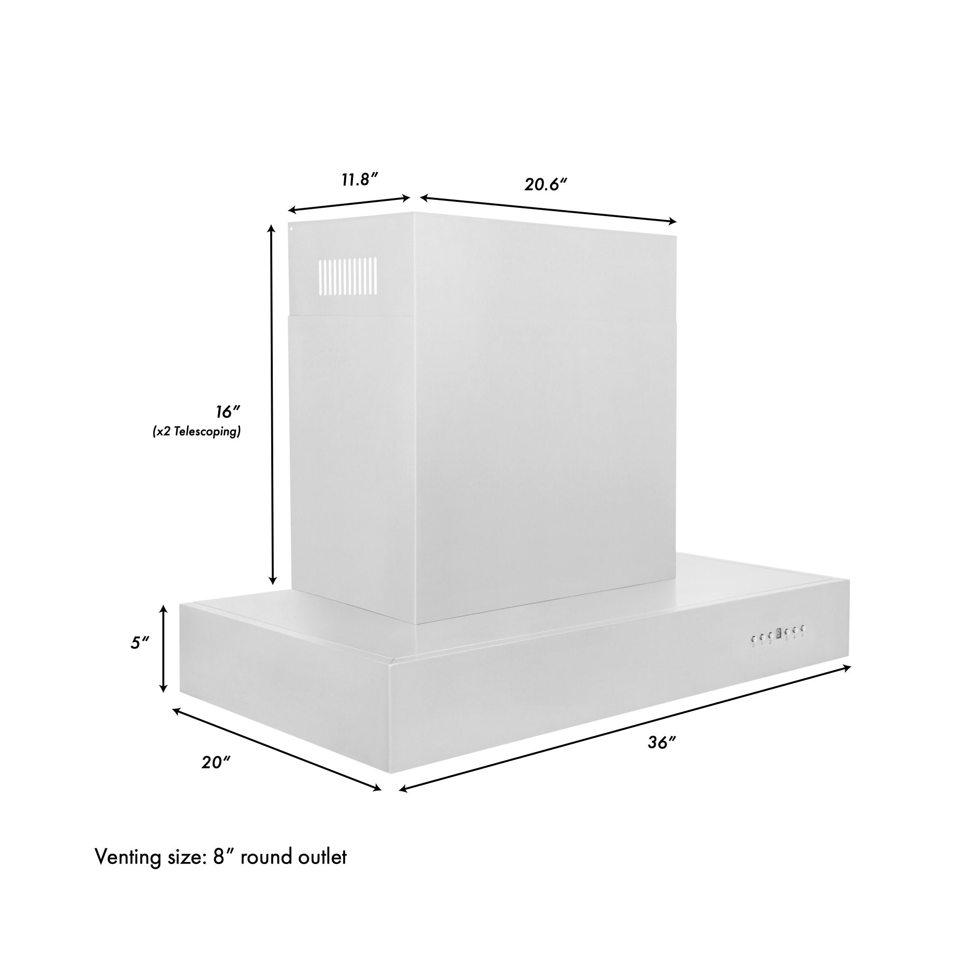 Ducted wall mount range hood: 36 in wide, 8 in round vent outlet