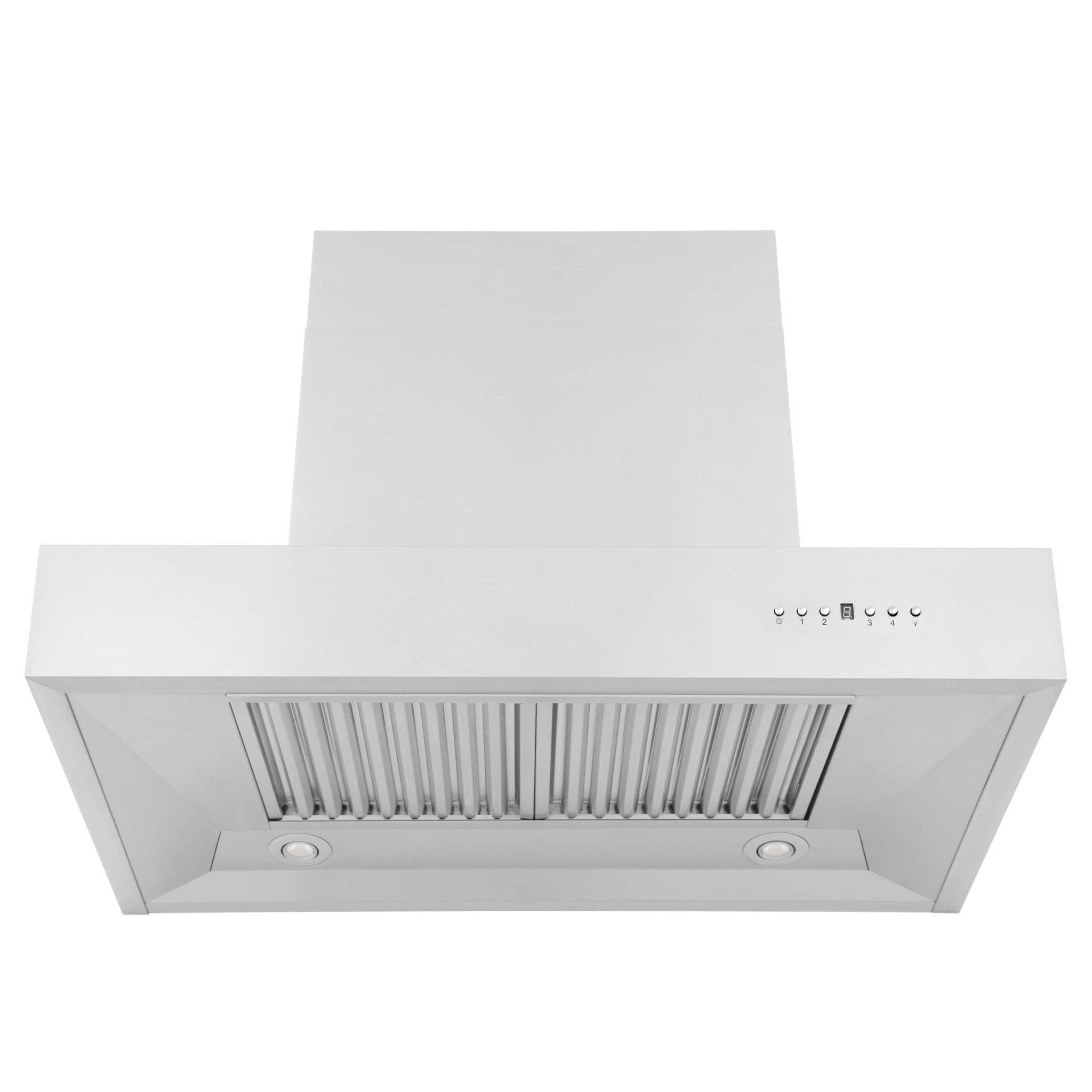 Stainless steel ducted wall mount range hood with front vent and chimney body