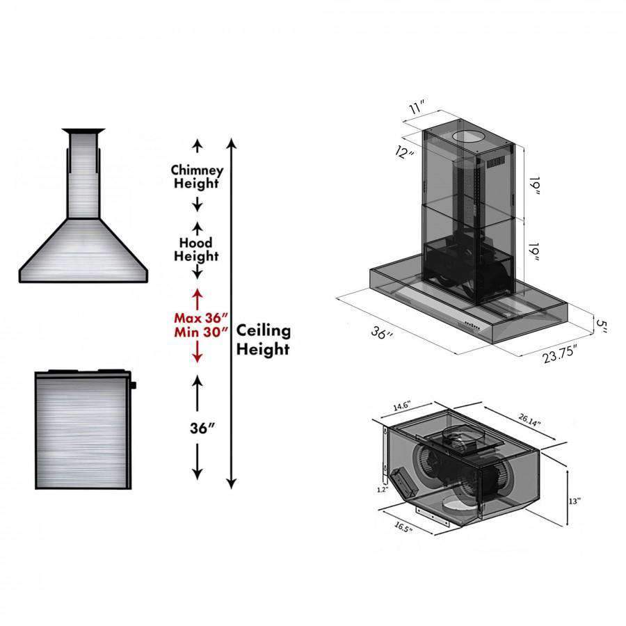Island ducted range hood dimensions diagram with remote blower and chimney