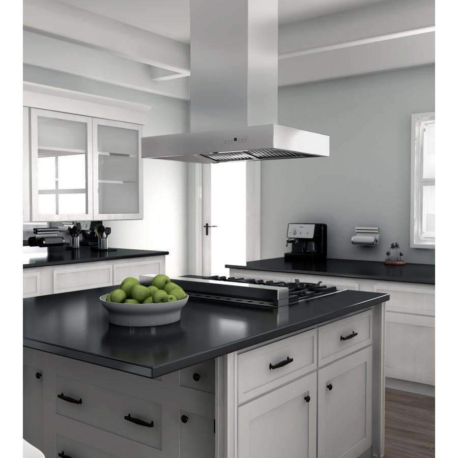 Stainless steel island mount range hood with ducted chimney and horizontal vent