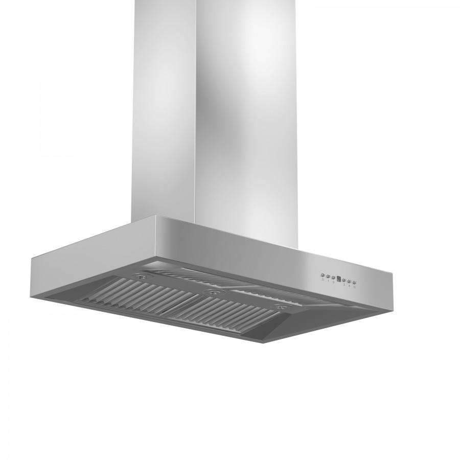 Stainless steel island range hood with chimney, vent filters and control panel