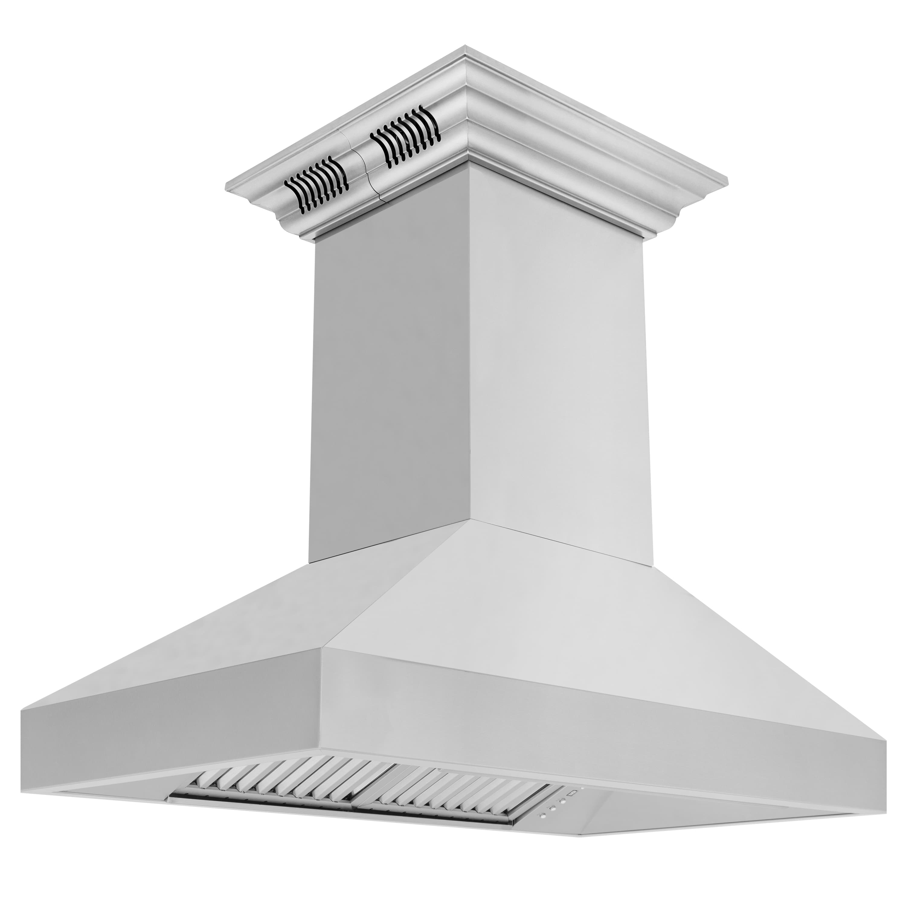 Stainless steel ducted island range hood with crown chimney and front vent canopy