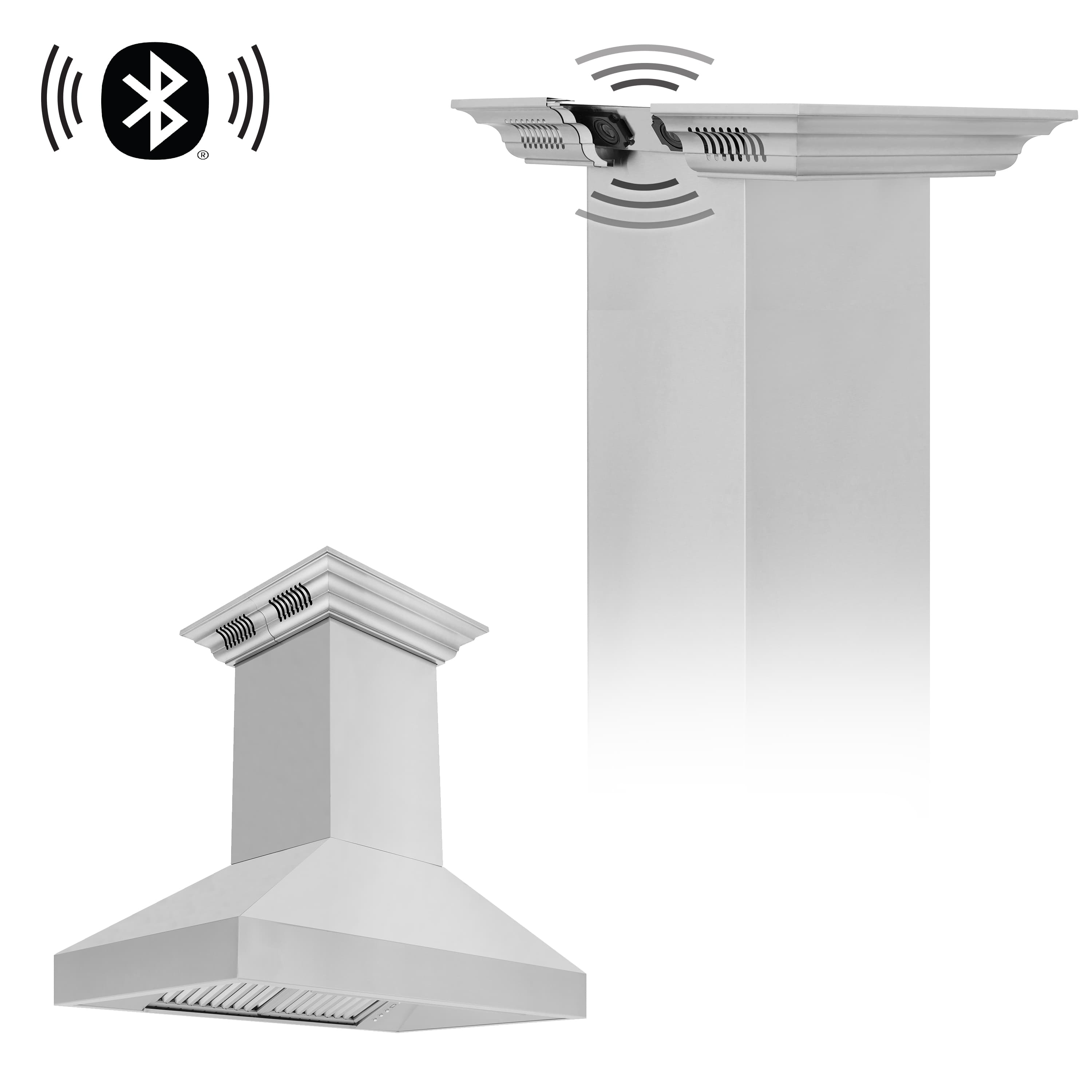 Ducted island range hood with Bluetooth speaker sound-wave indicators on chimney