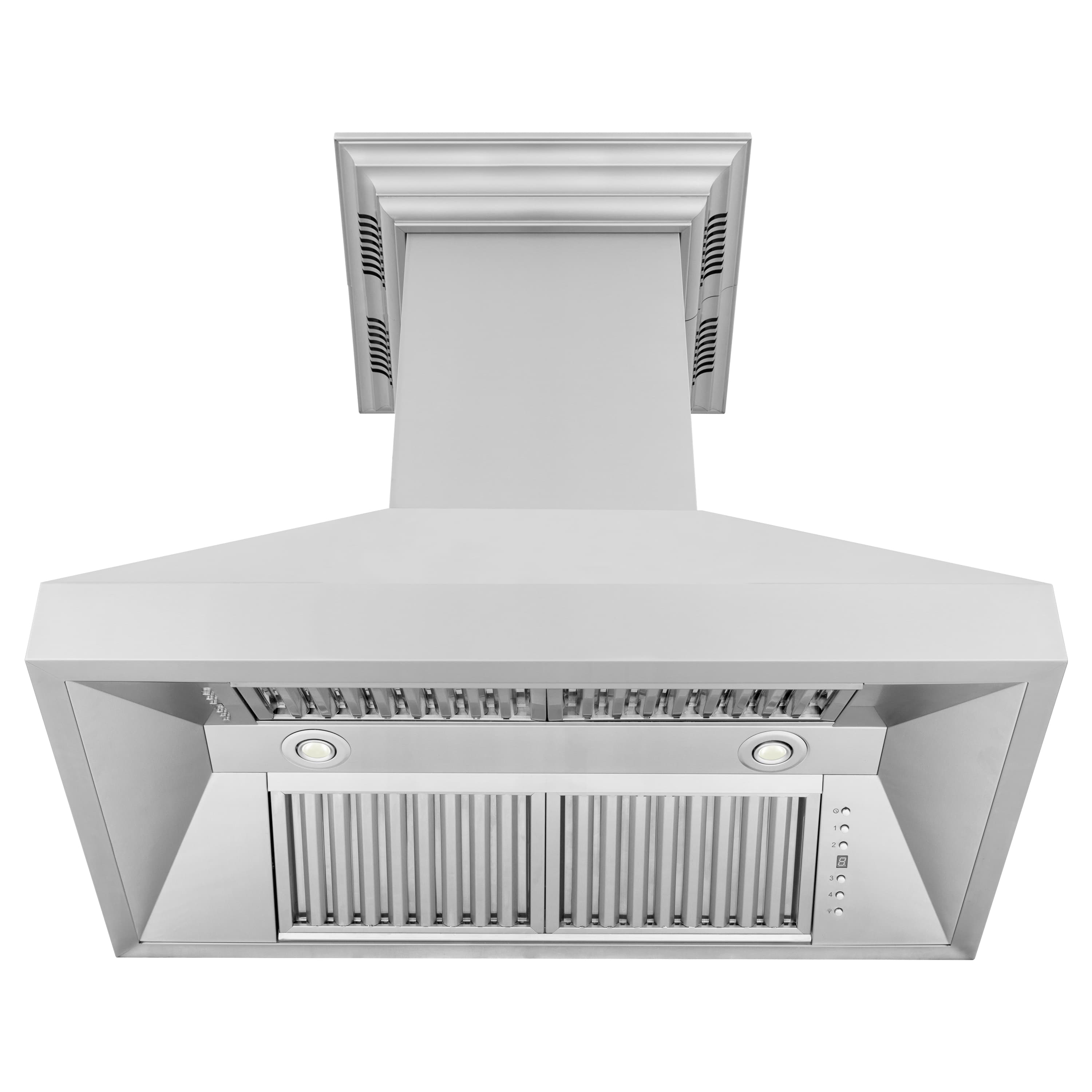 Stainless steel island range hood front view with vent baffle filters and control lights