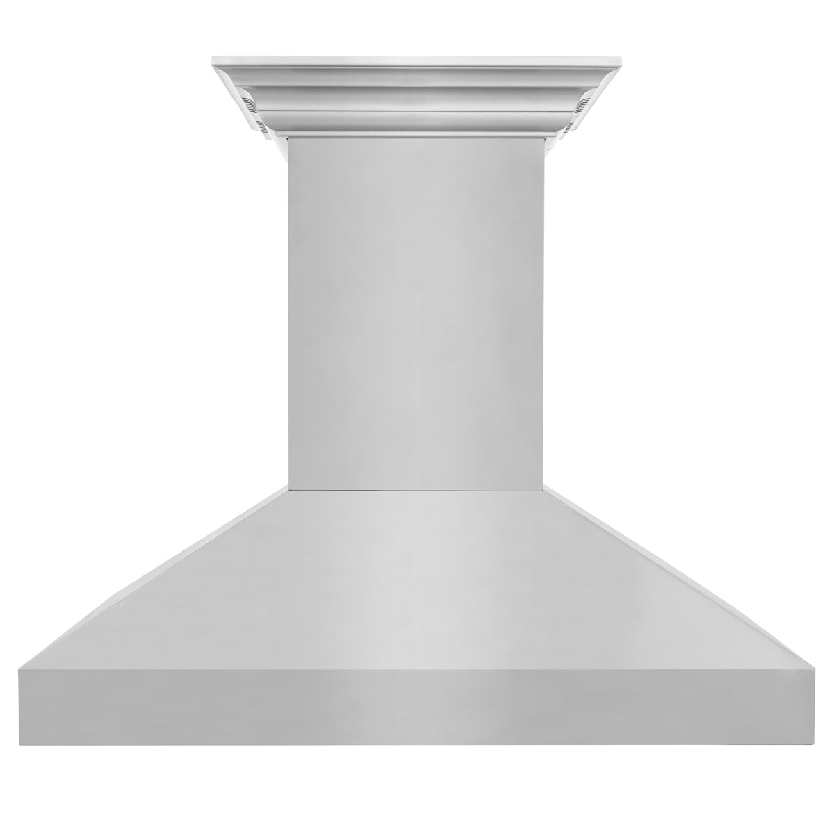 Stainless steel island range hood with ducted chimney and wide canopy