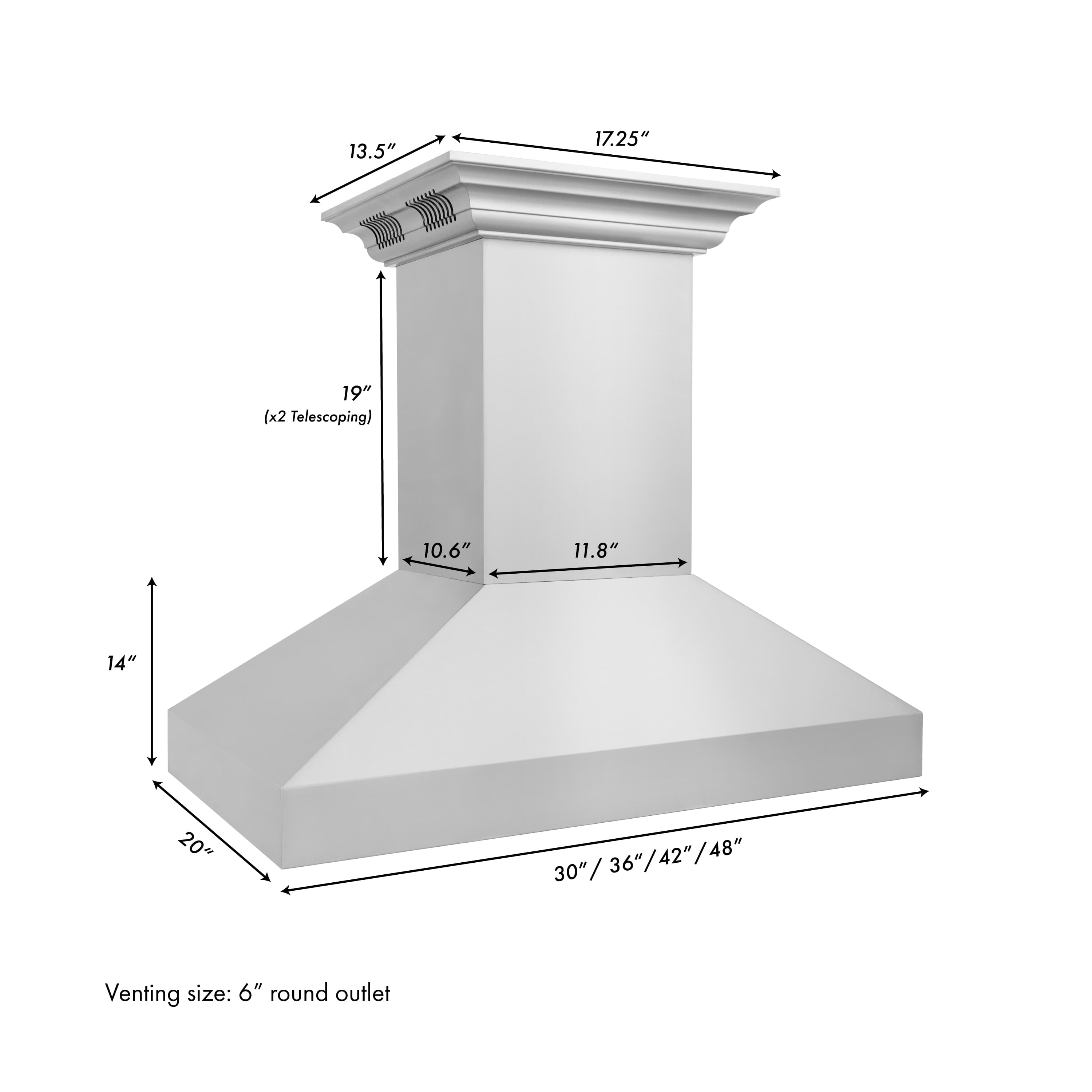 Island range hood with crown chimney, shown with height and width measurements