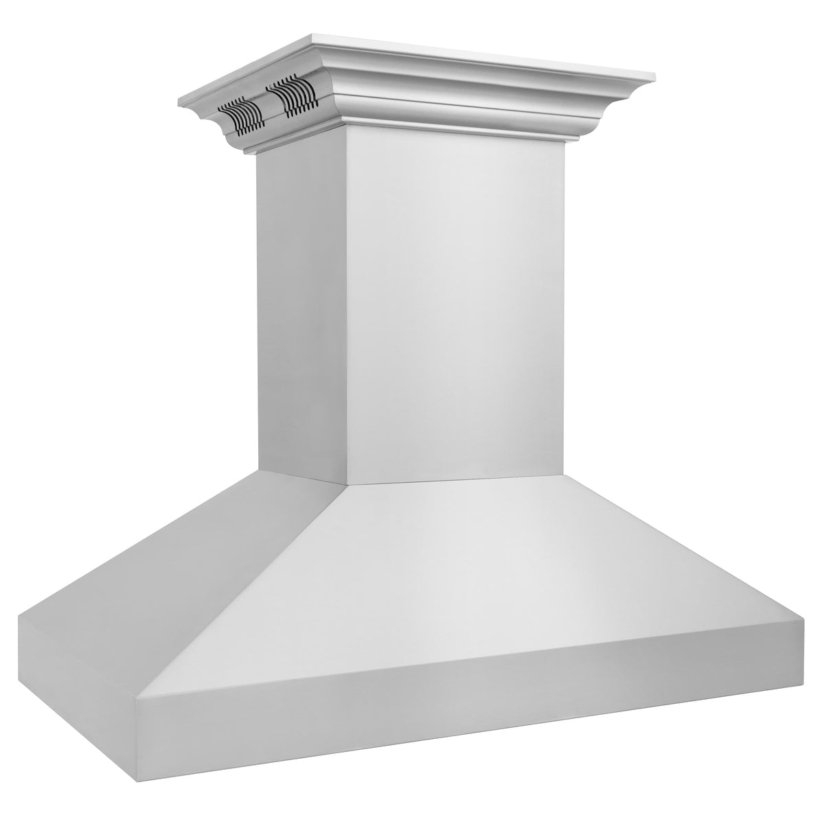 Stainless steel island range hood with top vent grille and wide chimney canopy