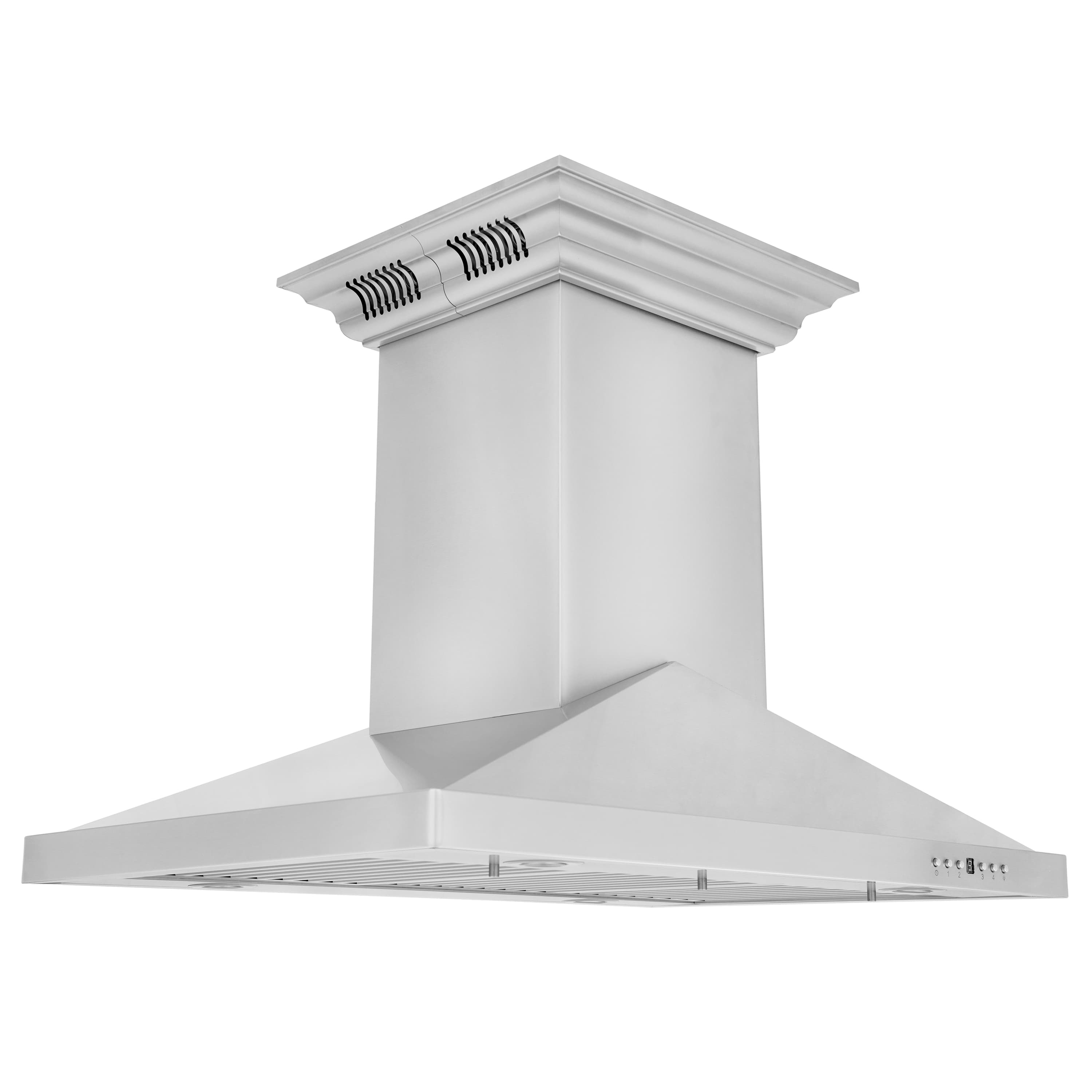 Stainless steel ducted island mount range hood with chimney and vented canopy front
