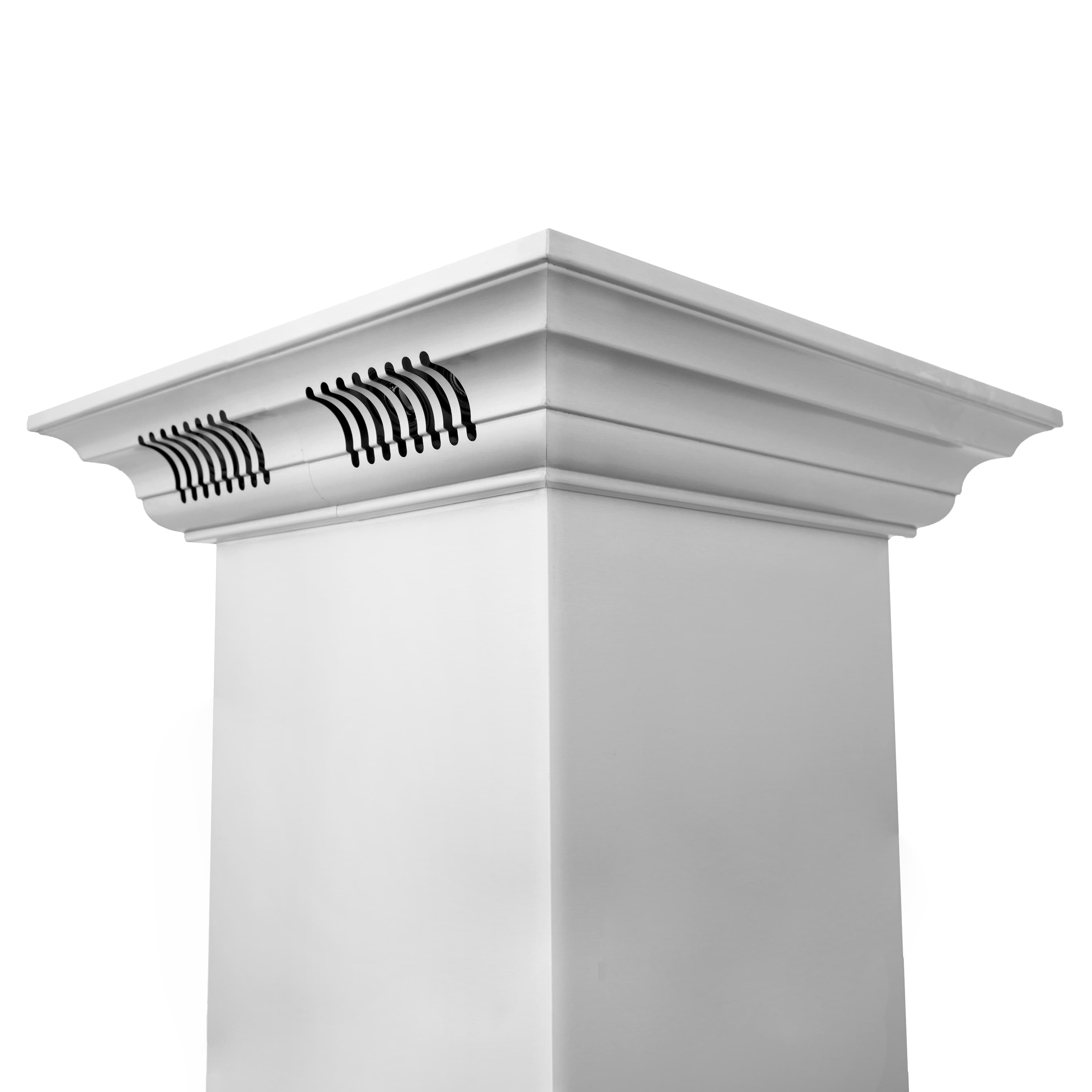 Stainless steel ducted range hood chimney top with vent grille detail