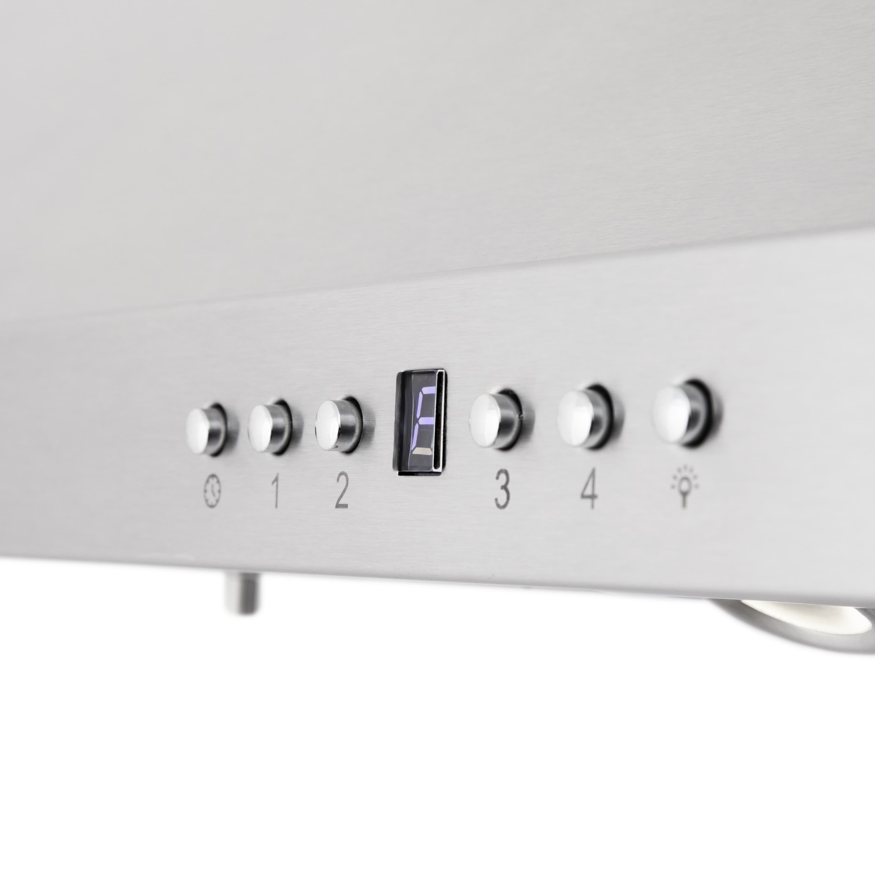 Range hood control panel with five knobs, digital display, and light/fan icons