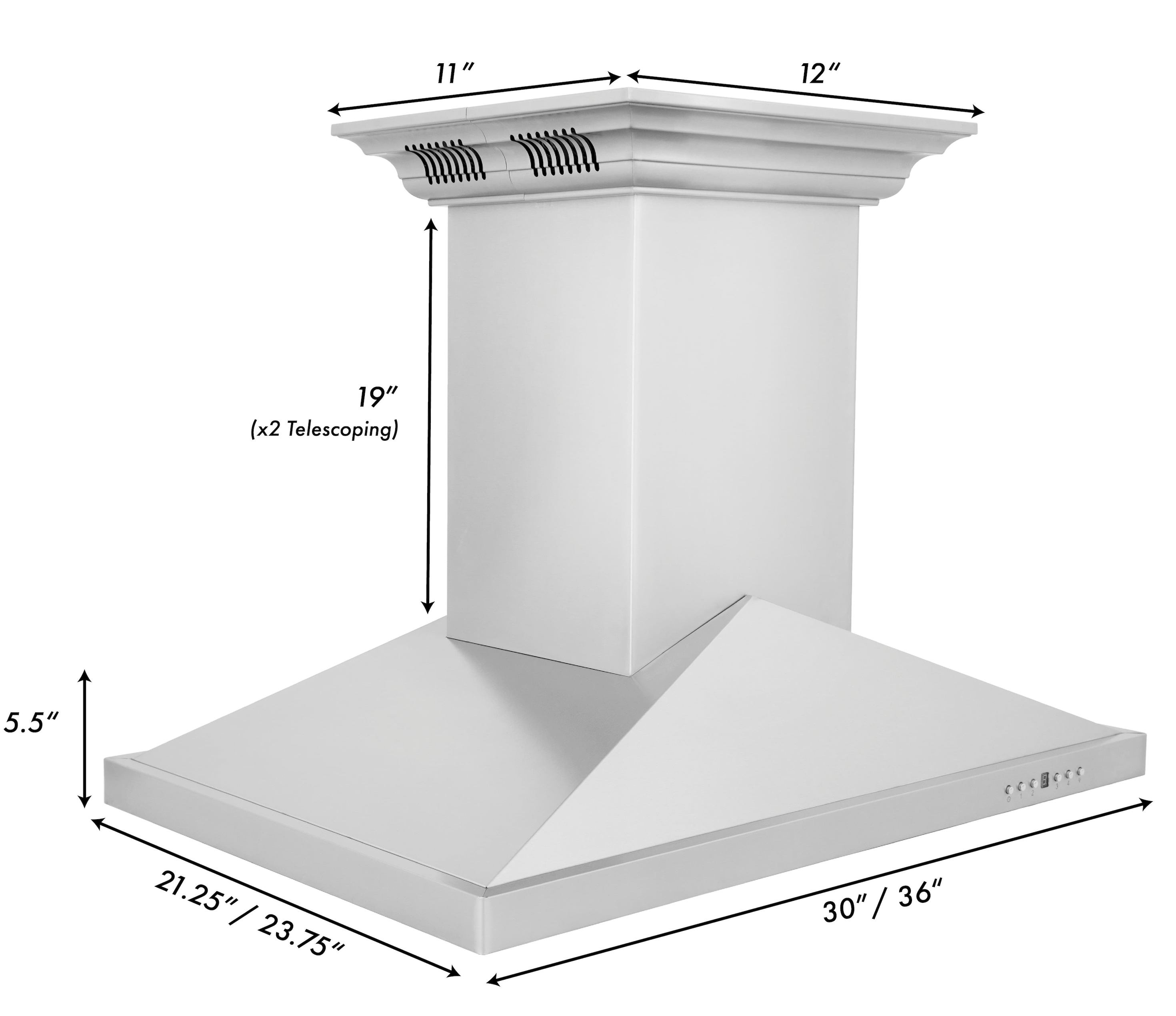 36-inch island mount range hood with stainless steel chimney and telescoping ducts