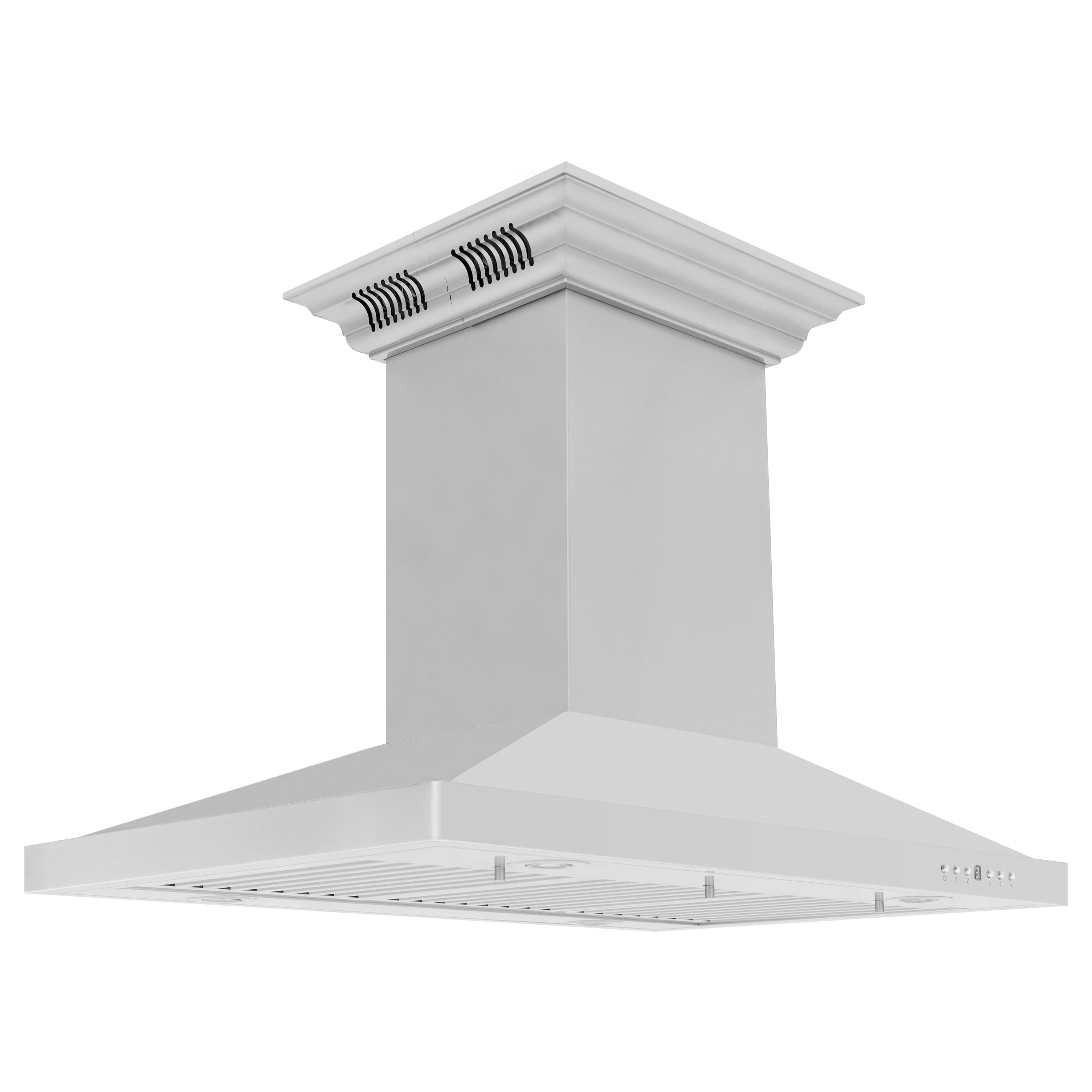 Stainless steel island range hood chimney with vent slots under the hood canopy