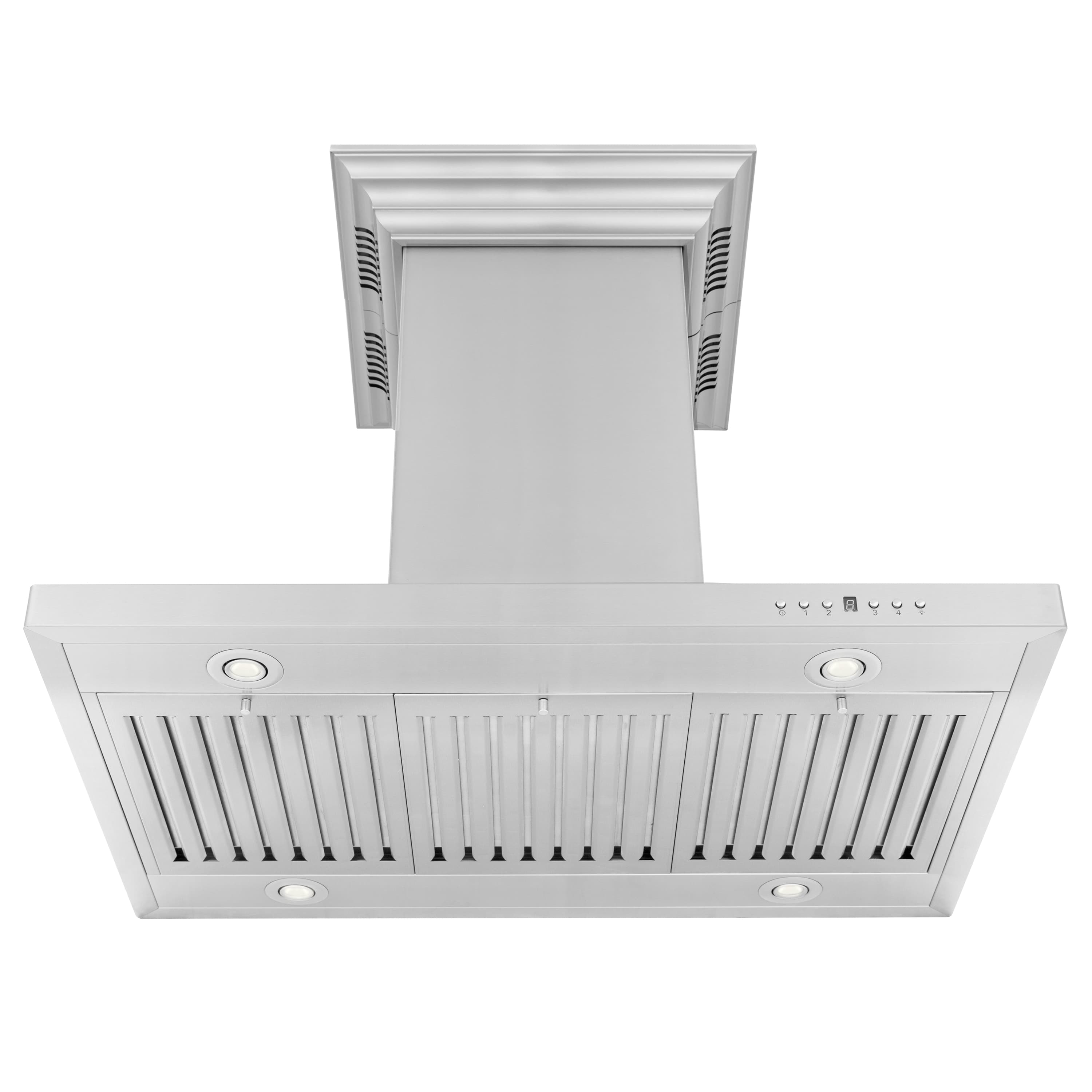 Stainless steel island mount range hood with front vent grille and controls