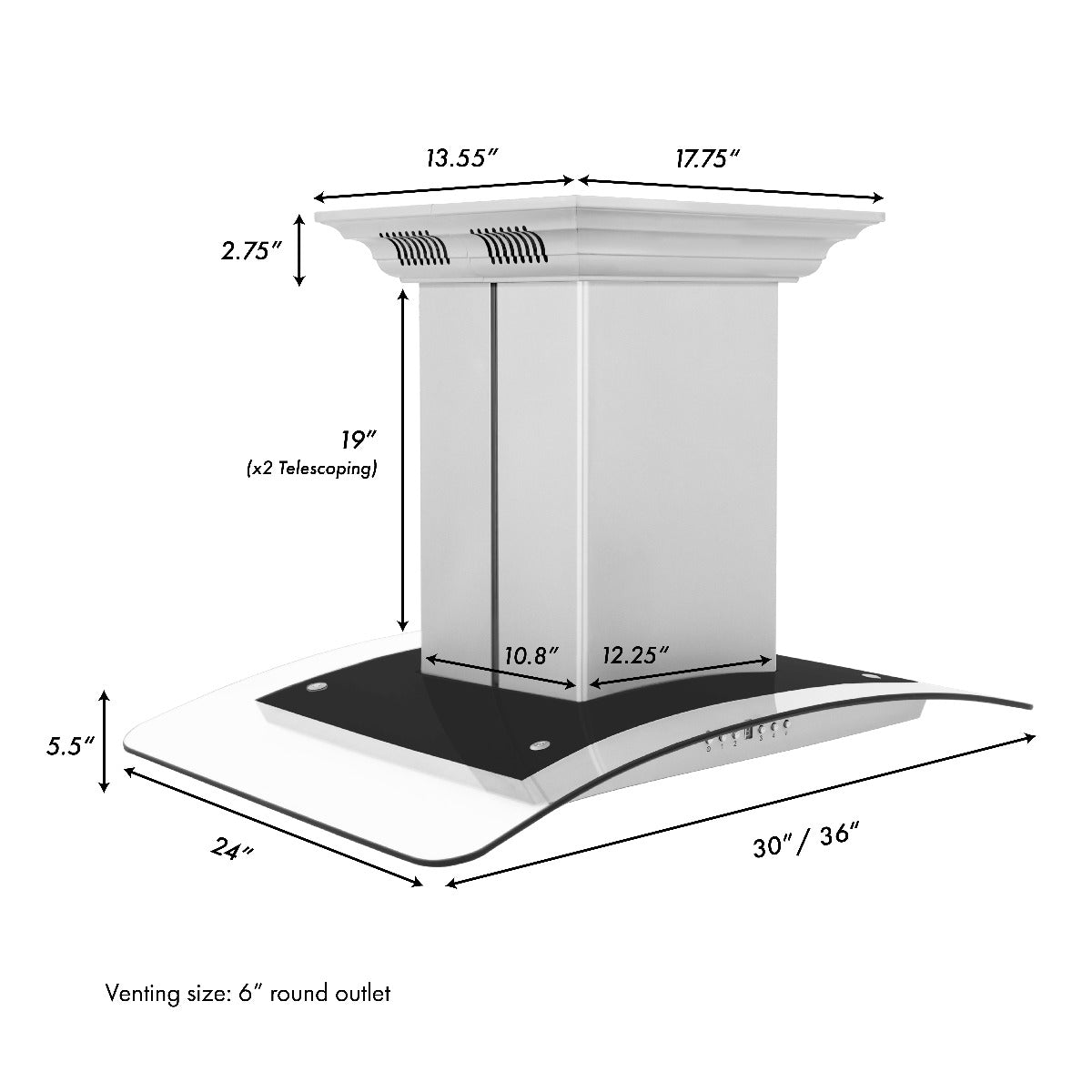 Stainless steel ducted island range hood with round vent outlet and black base plate