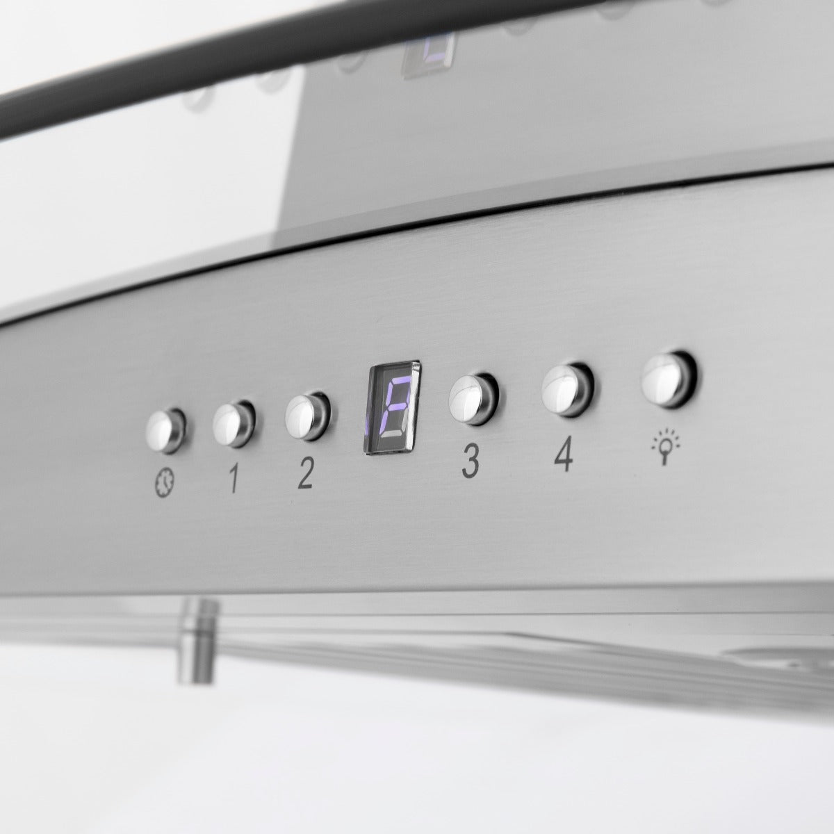 Stainless steel range hood control panel with LED display and four fan buttons
