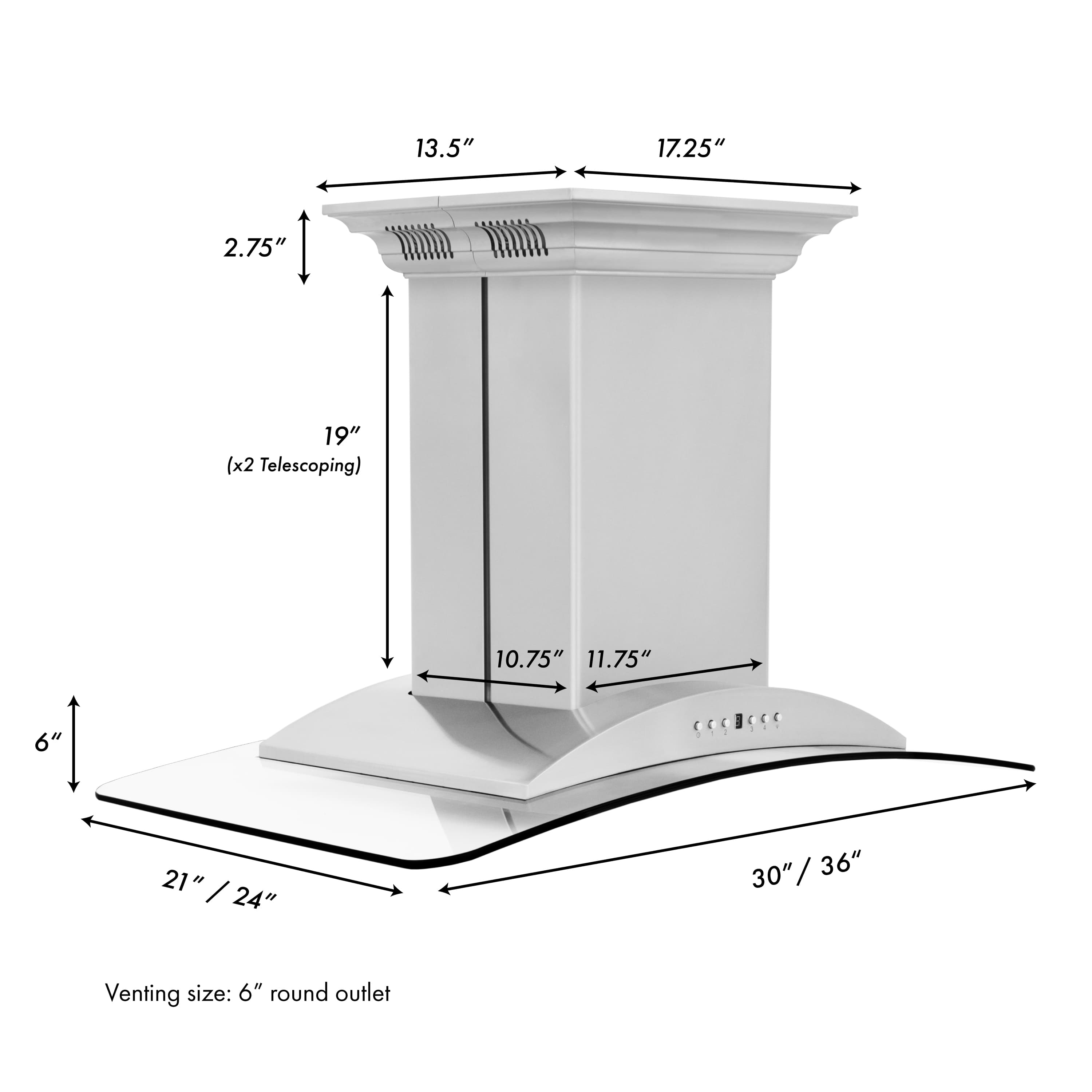 Stainless steel island mount range hood with decorative crown and telescoping chimney