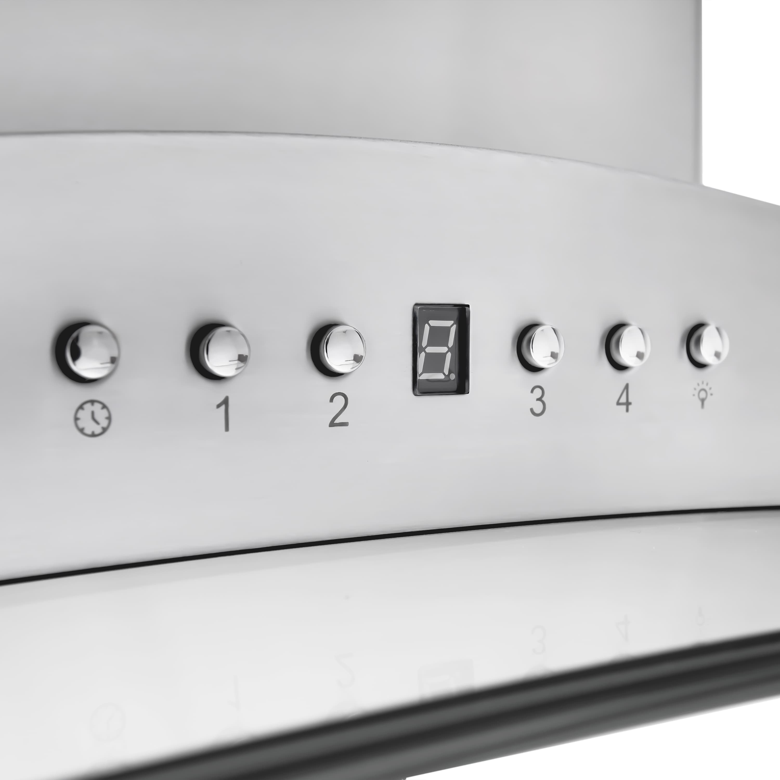 Stainless steel range hood control panel with LED display, speed knobs, and light