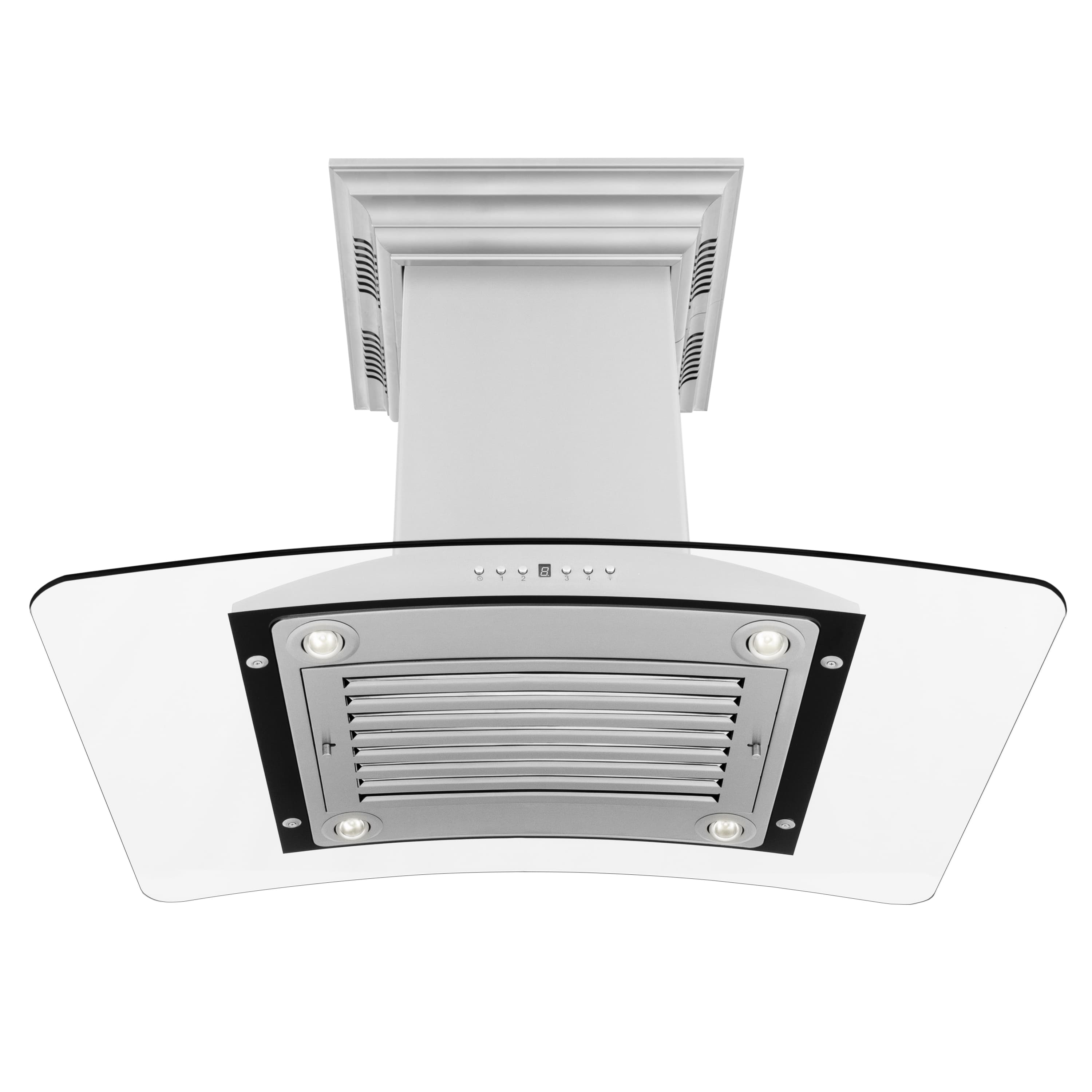 Underside view of an island range hood with mesh filter cover and two lights