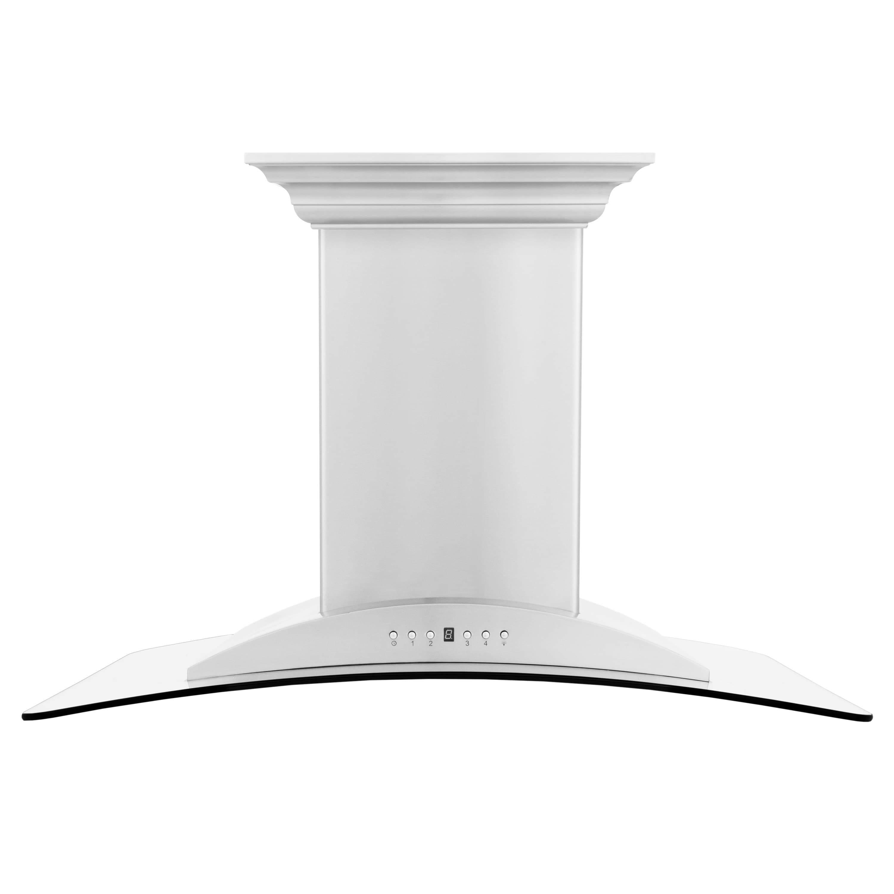 Stainless steel ducted island range hood with curved canopy and control buttons
