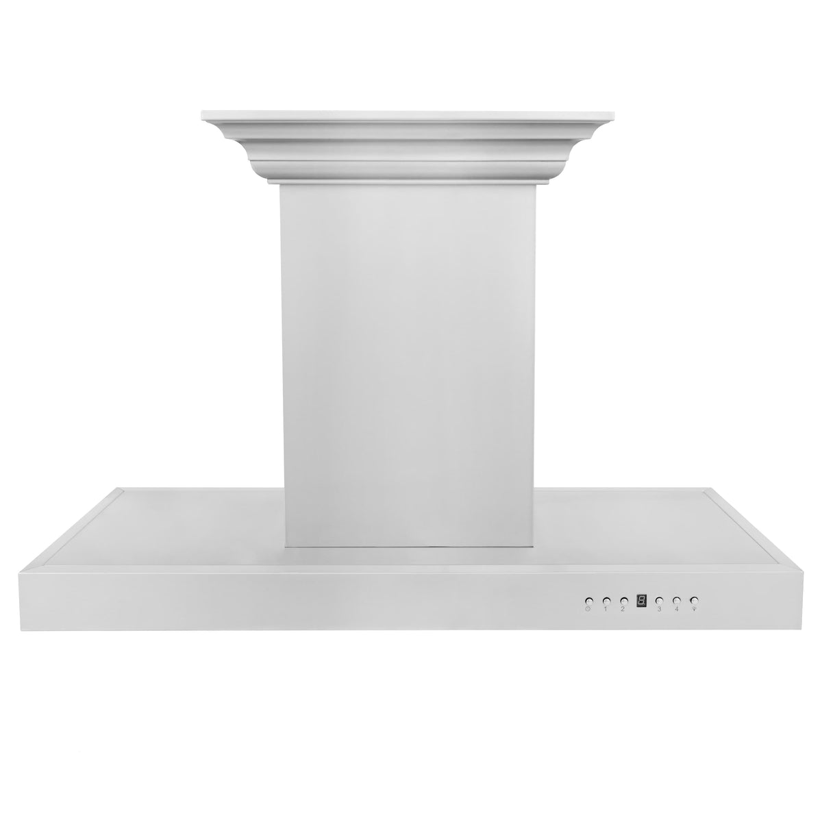 ZLINE island mount range hood with crownSound Bluetooth speakers, light gray finish