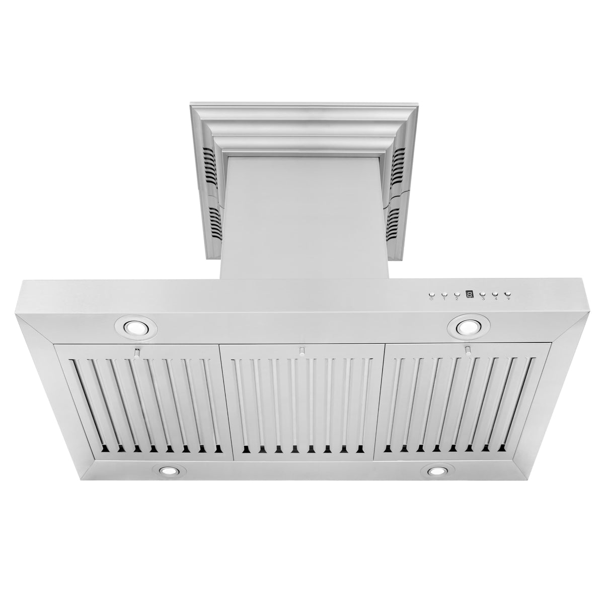 Island mount range hood front with vent slots and two round lights, light gray
